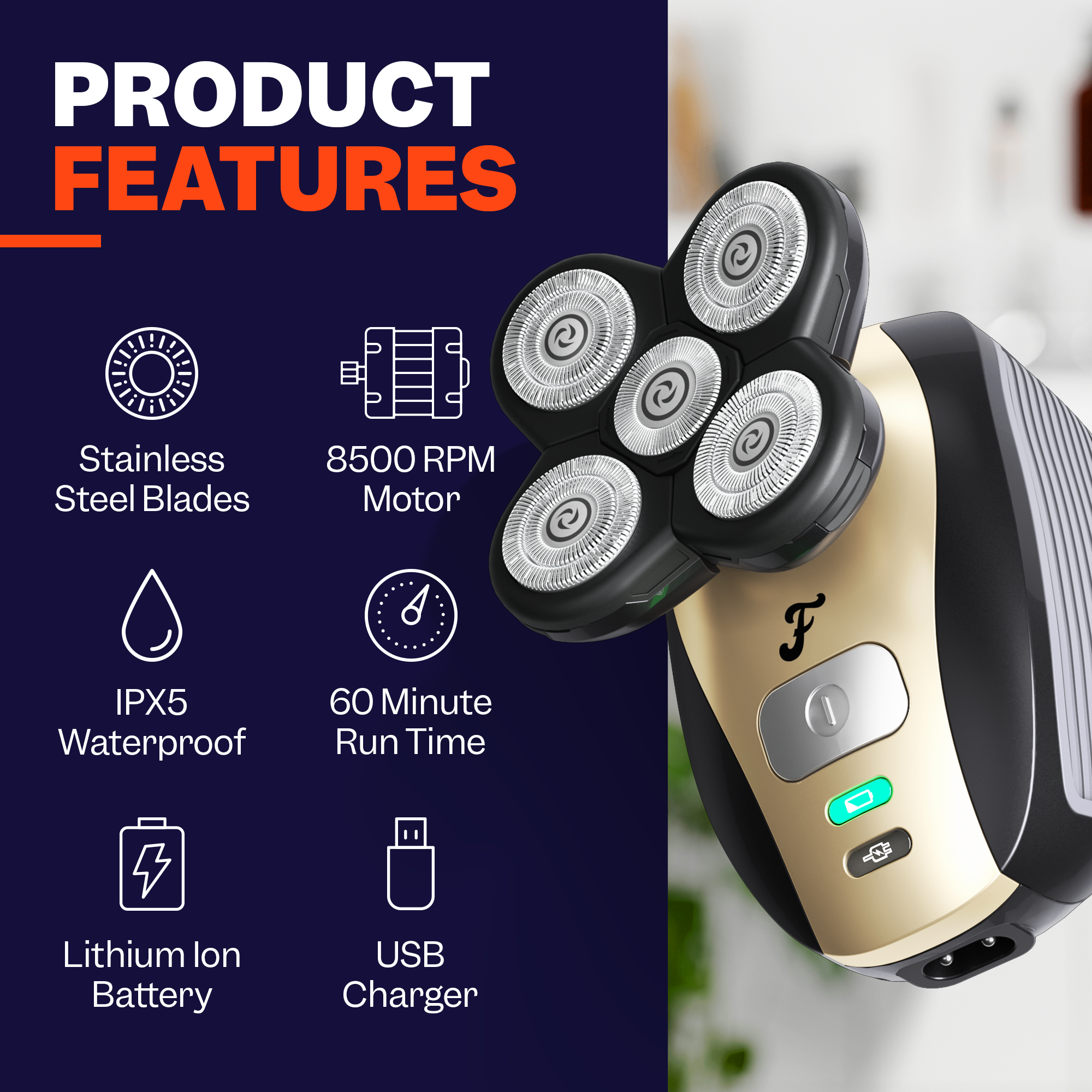 The Freebird FlexSeries® Shaving Kit has floating heads, ScalpSafe™ tech, wet/dry use, waterproof, 8500 RPM, and 60-min run time.
