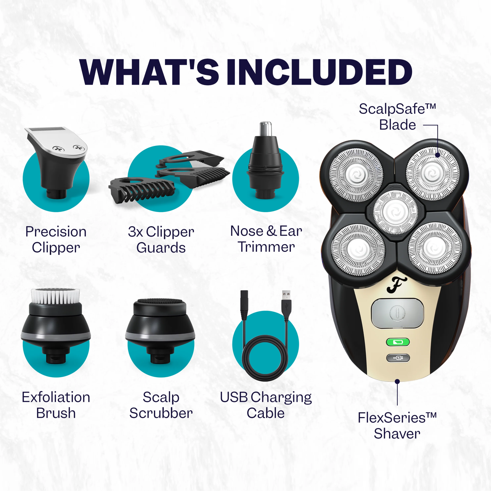 The Freebird FlexSeries® Shaving Kit includes clippers, a trimmer, clipper guards, an exfoliation brush, and a scalp scrubber with ScalpSafe™ Technology, along with a charger for a safe shave.
