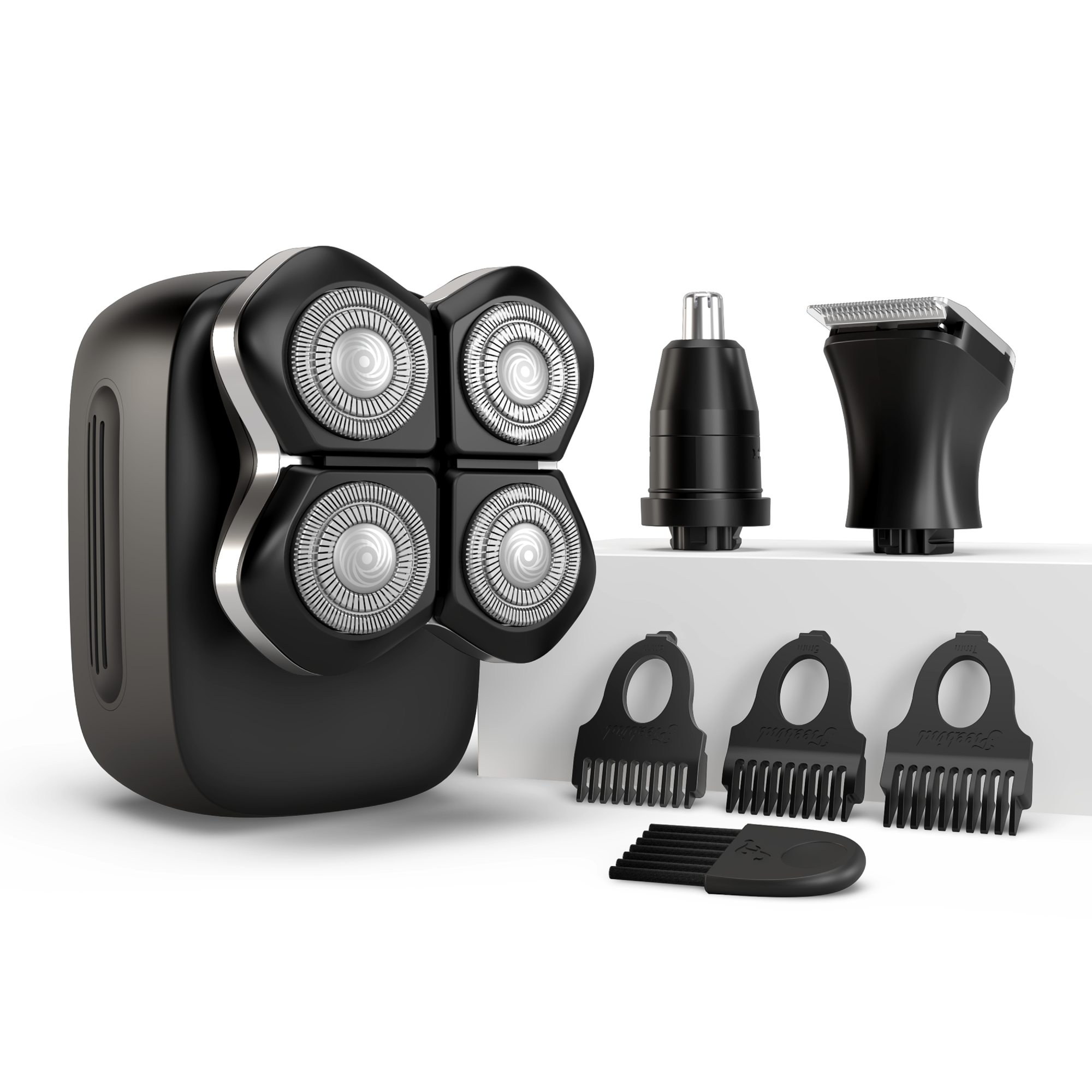 Freebirds FlexSeries® Pro Shaving Kit: Black electric head shaver with Four-Blade System, attachments, and Smart Adaptive Motor.