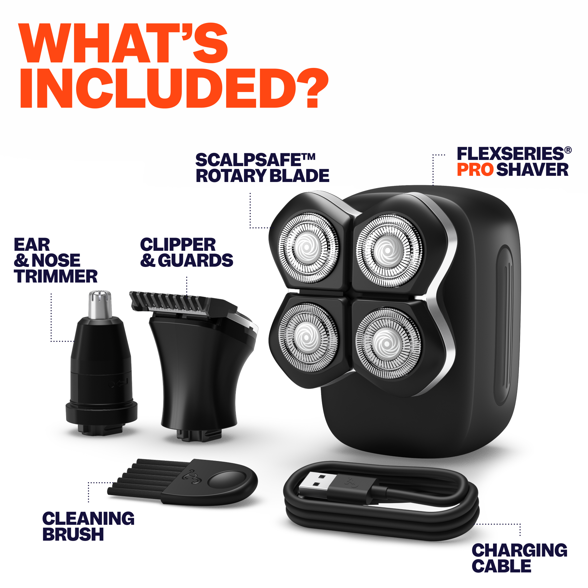 Freebird FlexSeries® Pro Kit features four rotary heads, Smart Adaptive Motor, clipper, nose trimmer, brush, and charging cable.