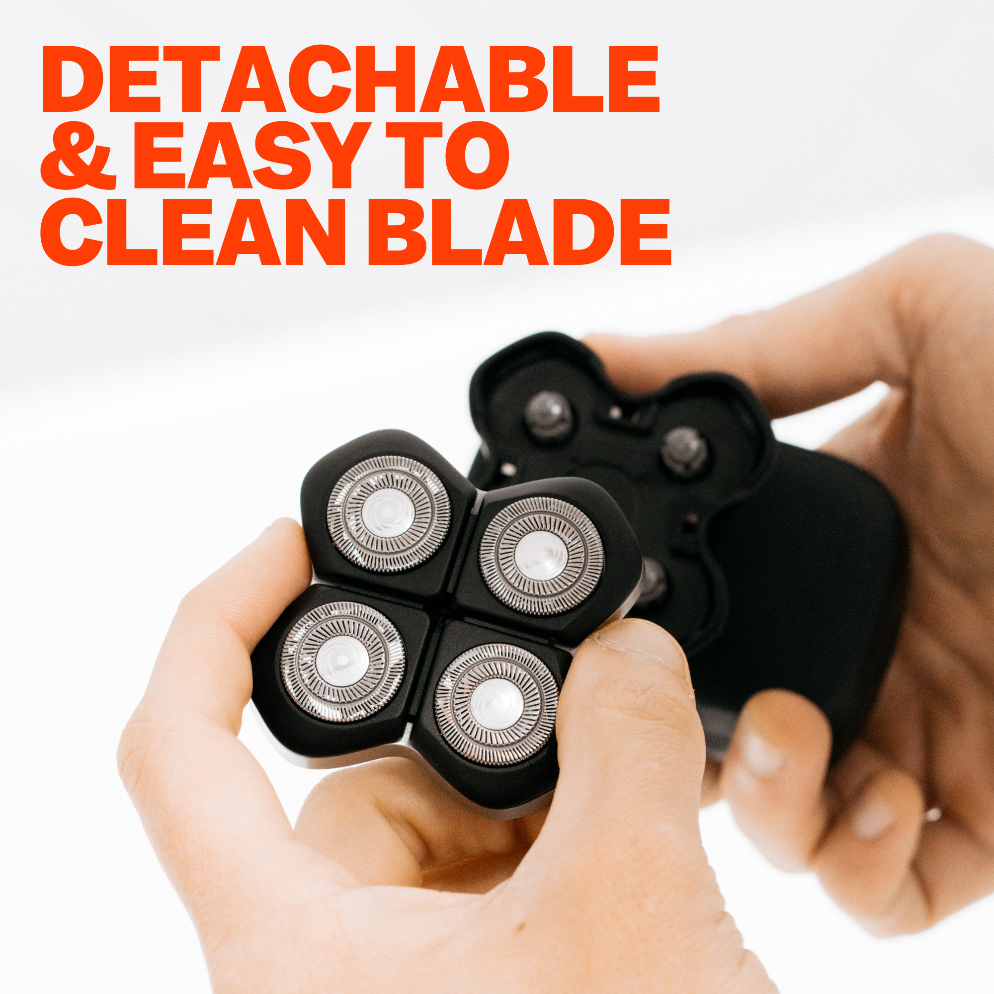 Hands holding a Freebird FlexSeries® Pro Shaving Kit with a detachable, easy-to-clean Four-Blade System.