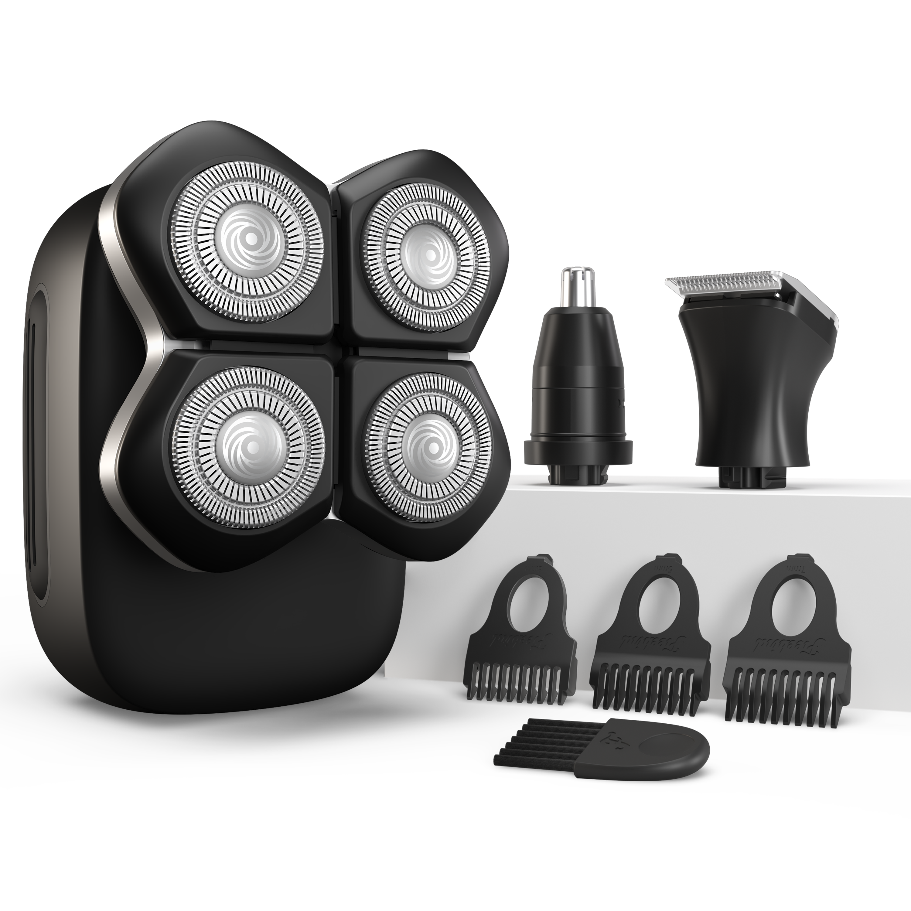 The Freebird FlexSeries® Pro Shaving Kit includes a head shaver, trimmers, nose hair cutter, combs, and cleaning brush.