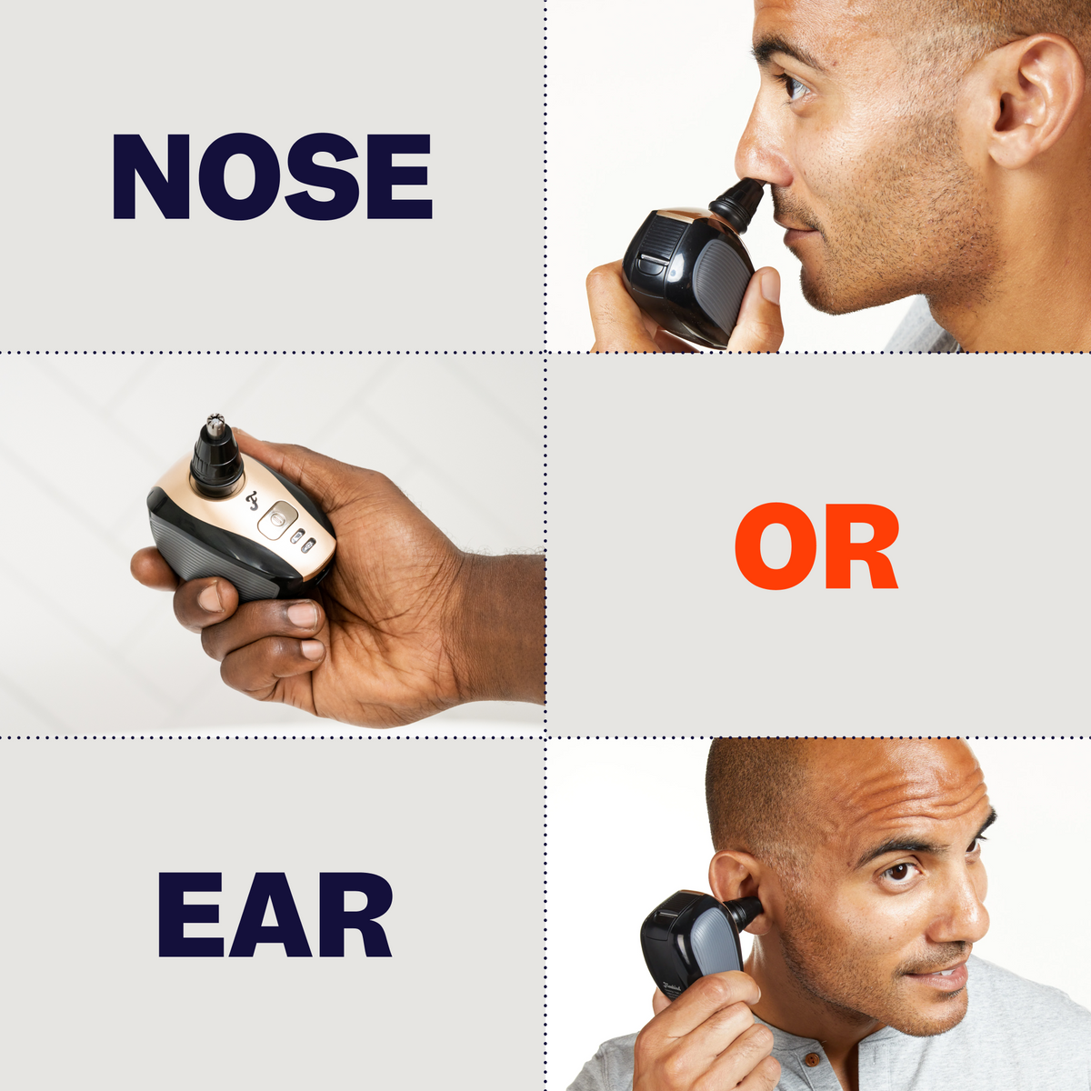 A man skillfully uses the Nose & Ear Hair Trimmer for precise grooming, focusing on either nose or ear areas.