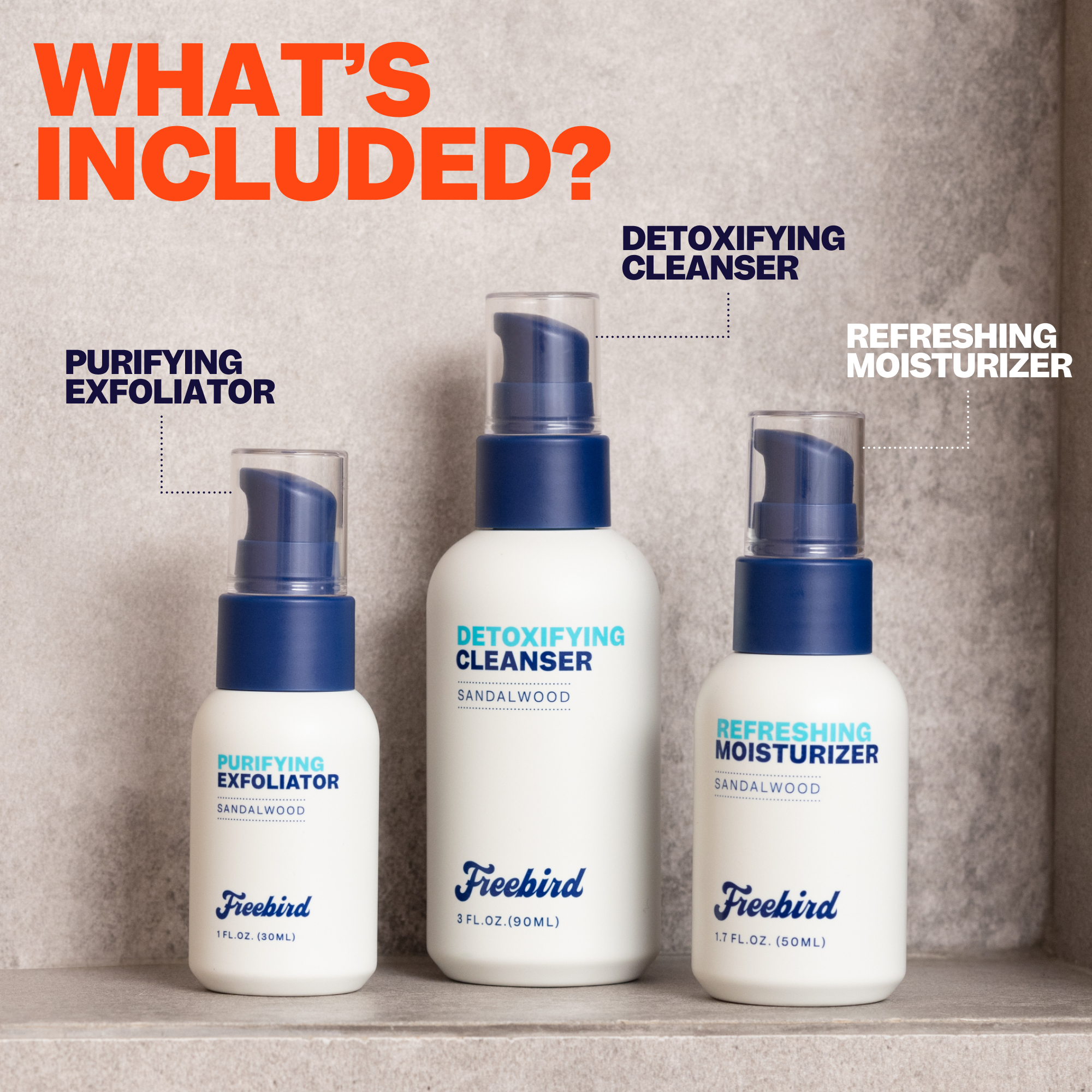 Introducing the Perfect Head Kit by Freebird, the ultimate starter set for radiant skin. It includes three skincare essentials: a purifying exfoliator, a detoxifying cleanser, and a refreshing moisturizer. Each product provides a fresh and clean sensation, reminiscent of a rejuvenating barbershop experience.