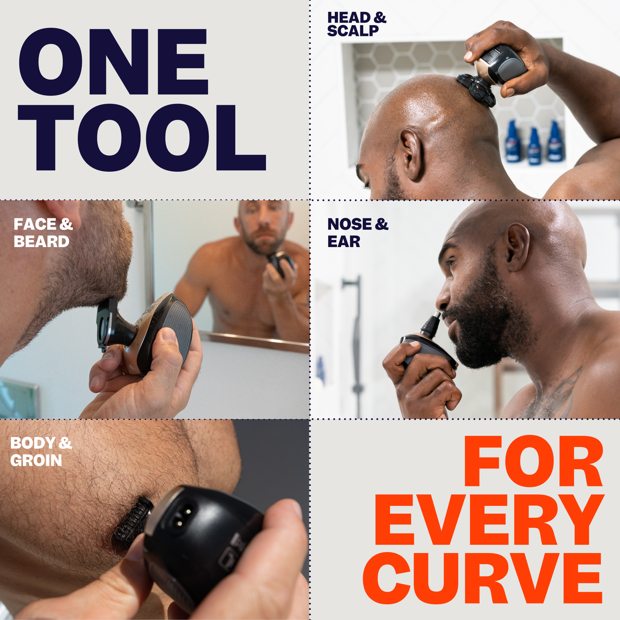 A man expertly utilizes the Perfect Head Kit by Freebird on his head, face, nose, ear, and body in a series of close-up shots. Experience the barber shop feel with every stroke. Text reads 