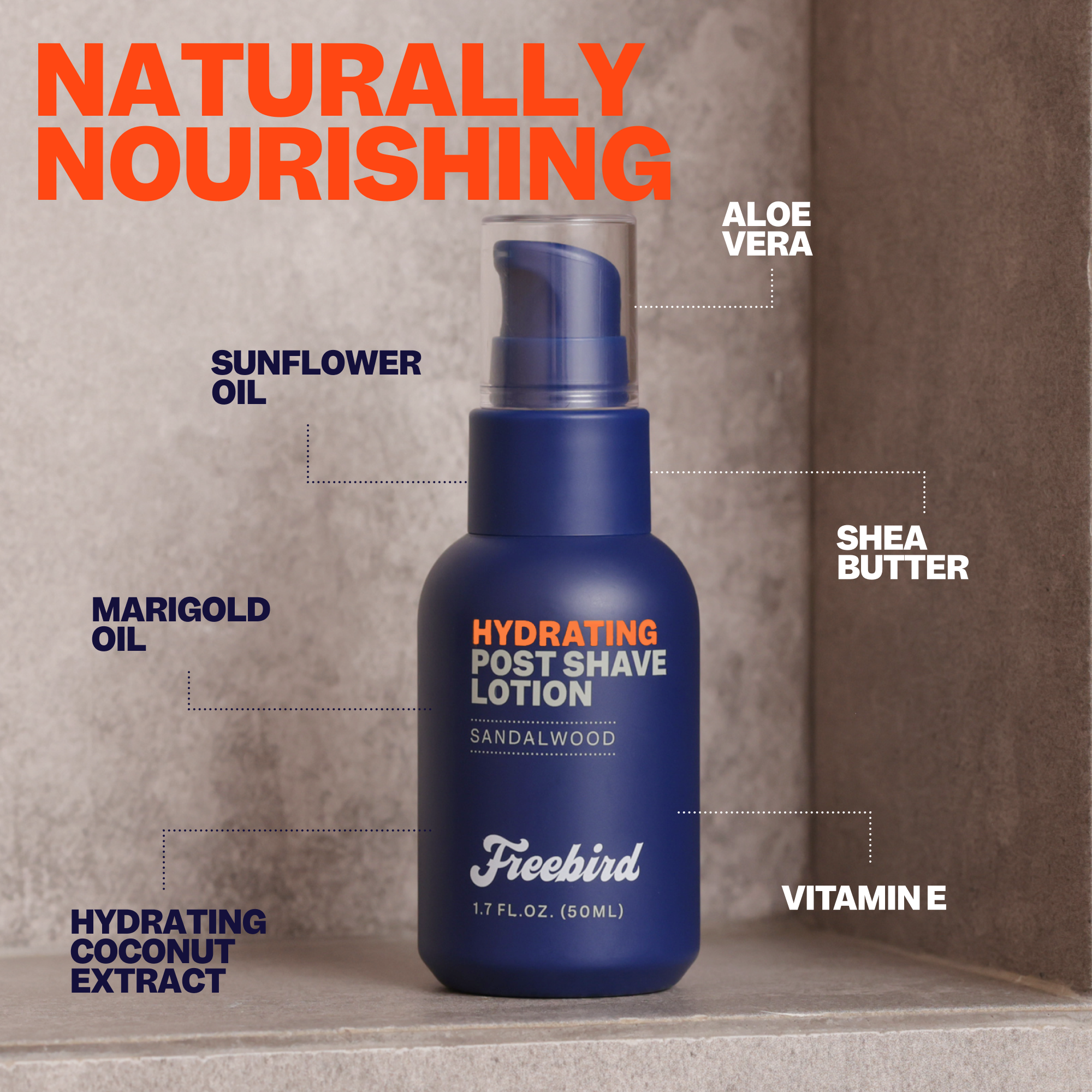 Freebirds Hydrating Post-Shave Lotion comes in a blue bottle with aloe vera and vitamin E to reduce dryness and nourish your skin.
