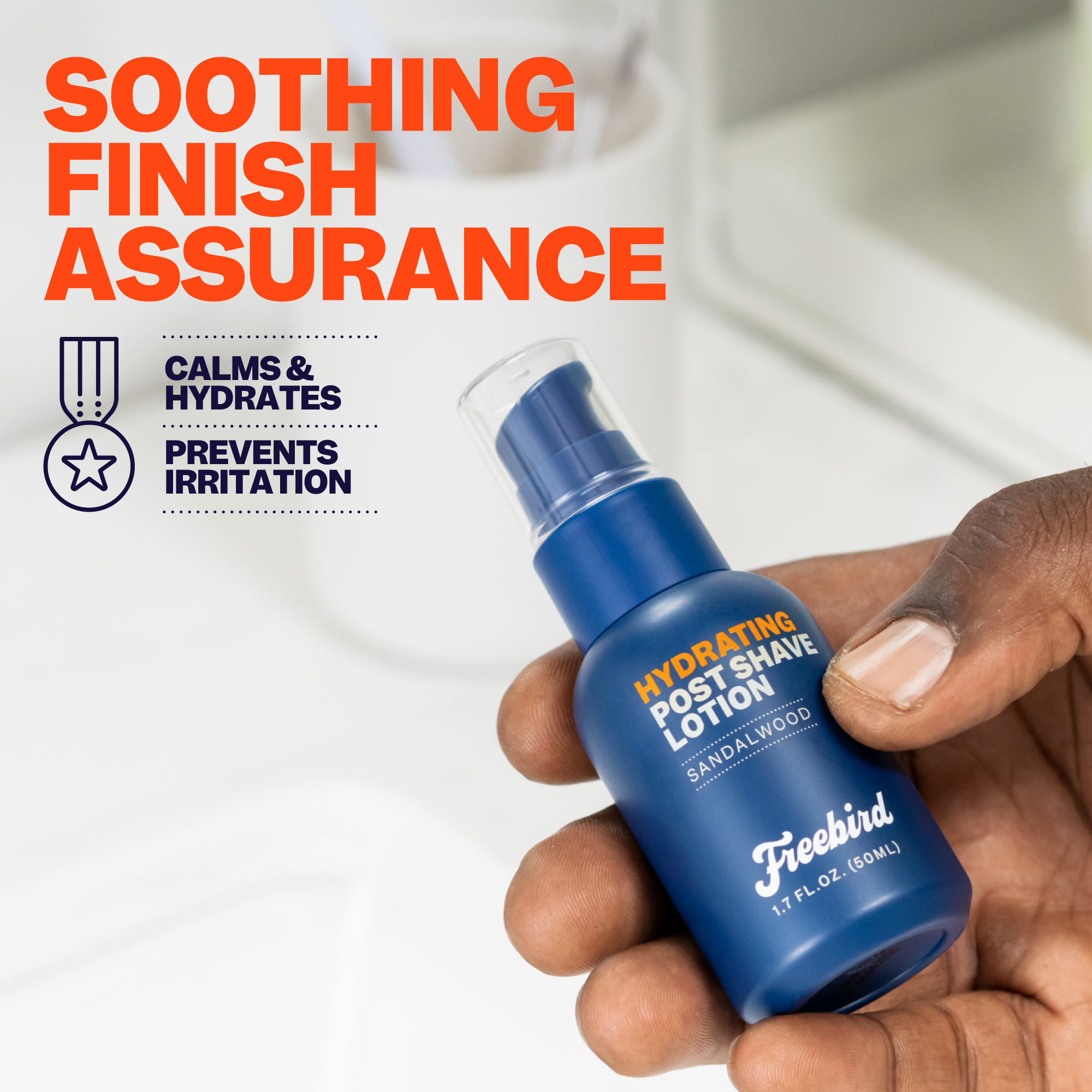 Hand holding Freebirds Hydrating Post-Shave Lotion, soothing to reduce dryness and prevent irritation.