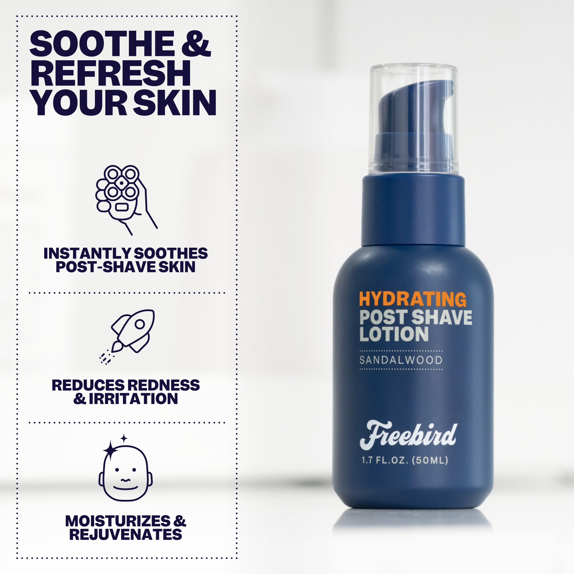 Freebird Hydrating Post-Shave Lotion in blue packaging soothes skin, reduces dryness, and minimizes signs of aging.
