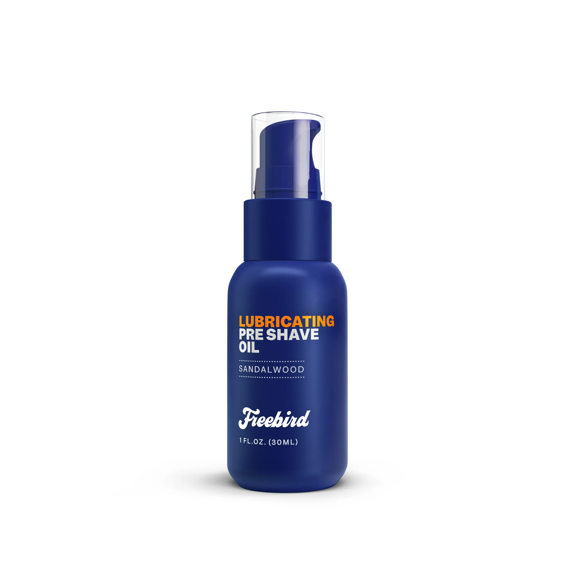 1 fl. oz. bottle of Freebird Lubricating Pre Shave Oil with a sandalwood scent, enriched with sweet almond oil for enhanced skin protection.