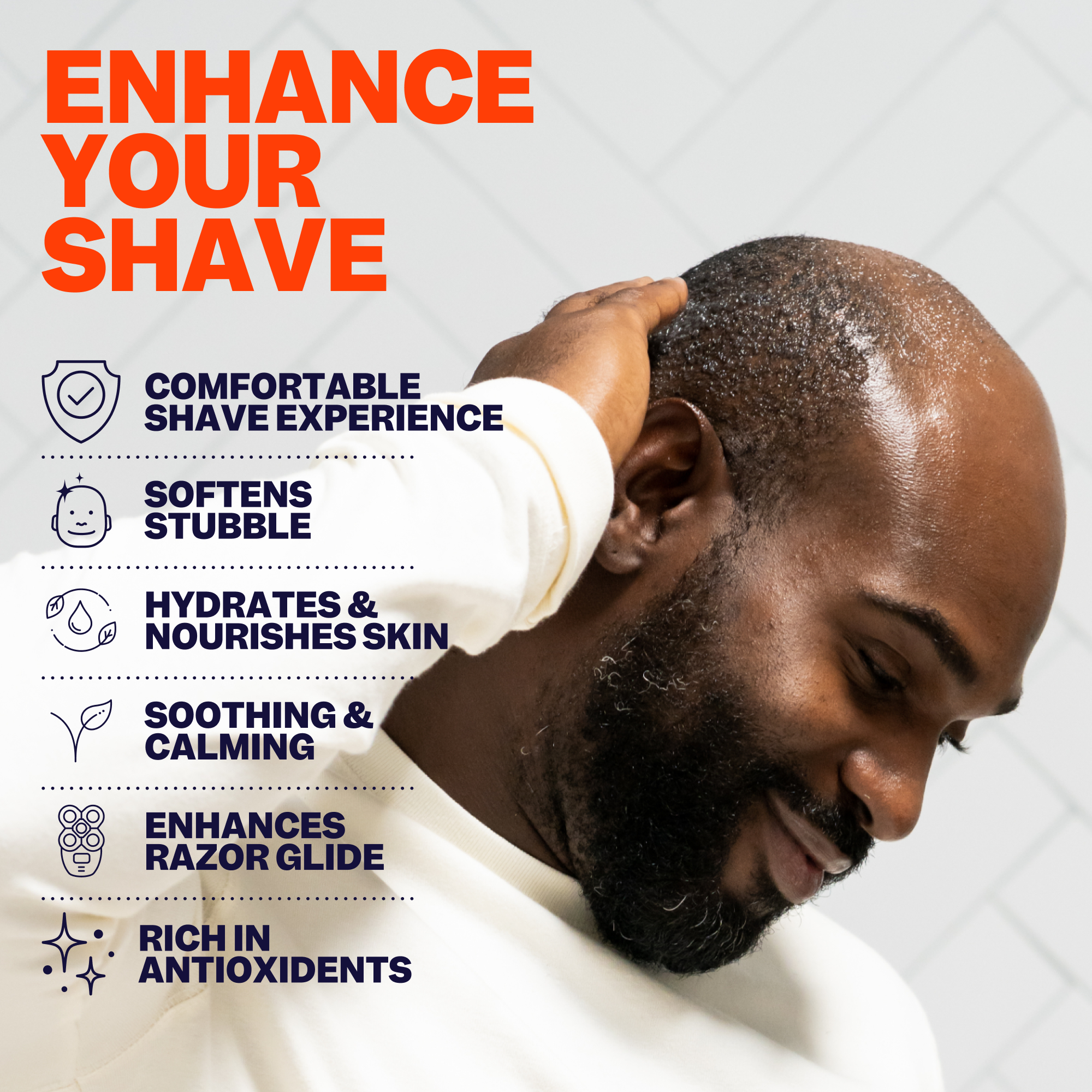 A man touches his shaved head, while text showcases the advantages of Freebird's Lubricating Pre Shave Oil, enriched with sweet almond oil for superior skin protection.