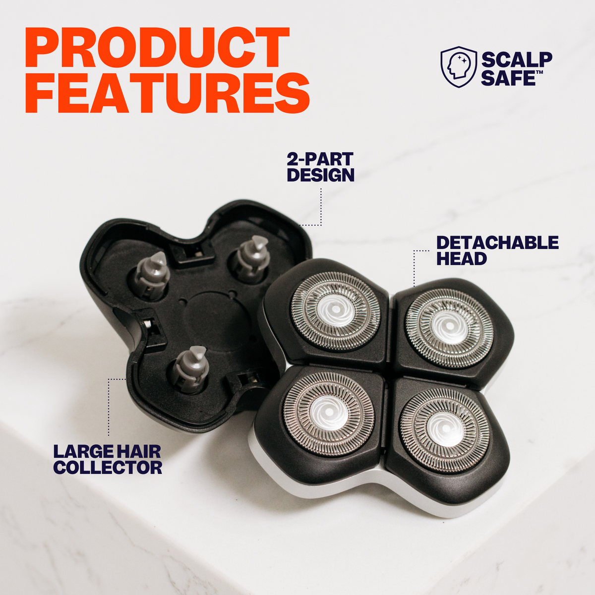 The Freebird FlexSeries® Pro Blade electric shaver, with its detachable head and Four-Blade System, provides a smooth shave and reduces ingrown hairs. Its sleek 2-part design, featuring a large hair collector, adds an elegant touch to any marble surface.