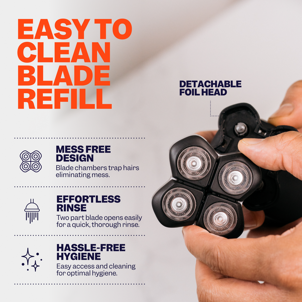 Close-up of a hand holding the FlexSeries® Pro Blade by Freebird, showcasing text about its easy cleaning and features such as a mess-free design, detachable head, and smooth shave for an ingrown-free experience.