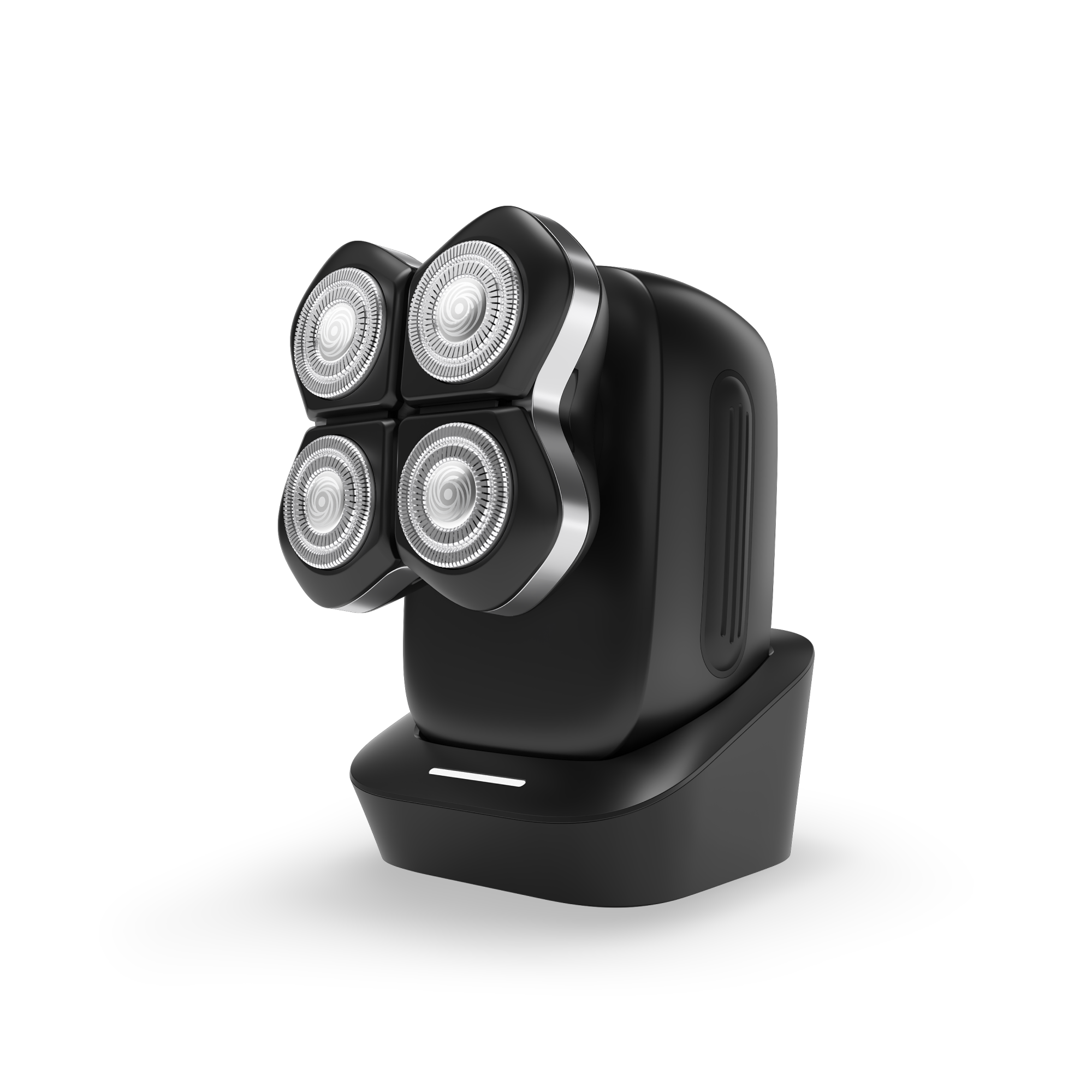 The FlexSeries® Pro Charging Dock elegantly holds the black electric shaver, featuring its four-head design to create the perfect shaving station for your grooming needs.