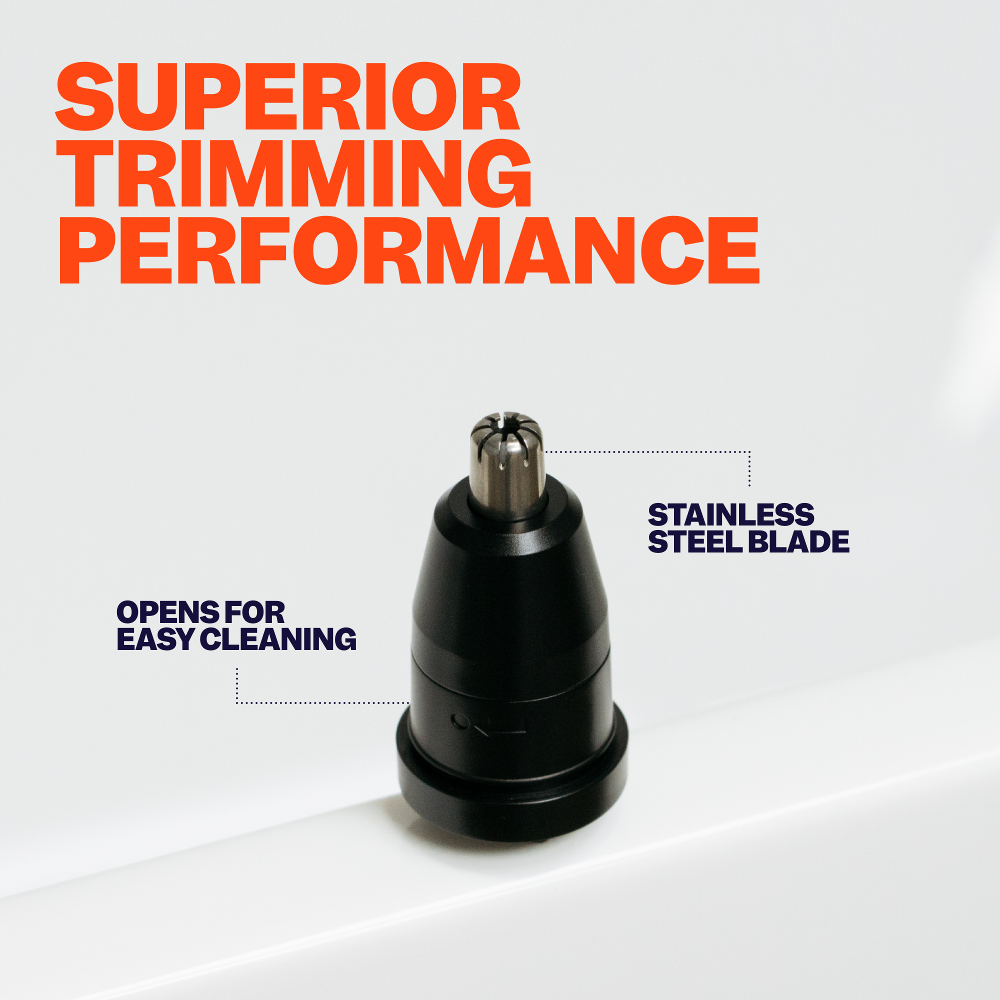 Close-up of the FlexSeries® Pro Nose & Ear Trimmer attachment by Freebird in black, with text: Superior Trimming Performance, product specs highlighted, and features labeled.