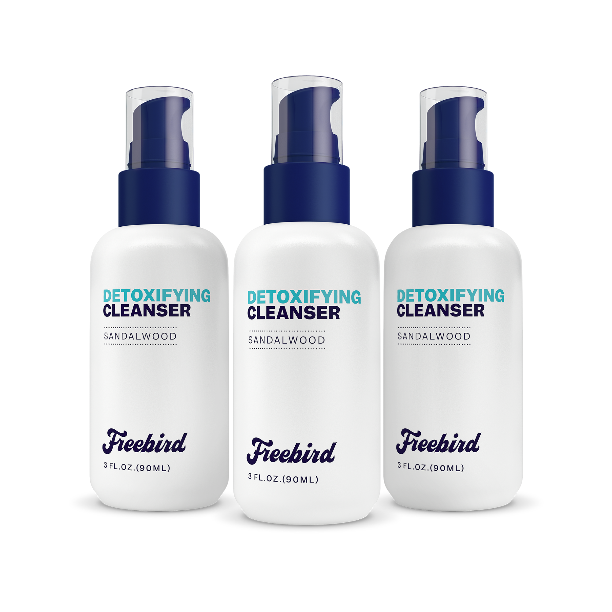Three bottles of Freebird Detoxifying Bald Head Cleanser with blue pumps rest on a white background for an effective detox.