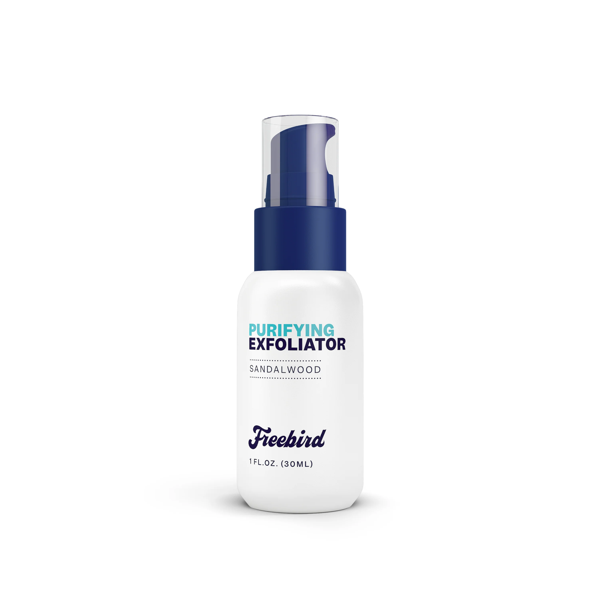 A 30ml white bottle of Freebird's Purifying Scalp Exfoliating Scrub features a blue cap and sandalwood scent, offering a gentle formula that effectively removes dead skin cells for a baby-smooth scalp.