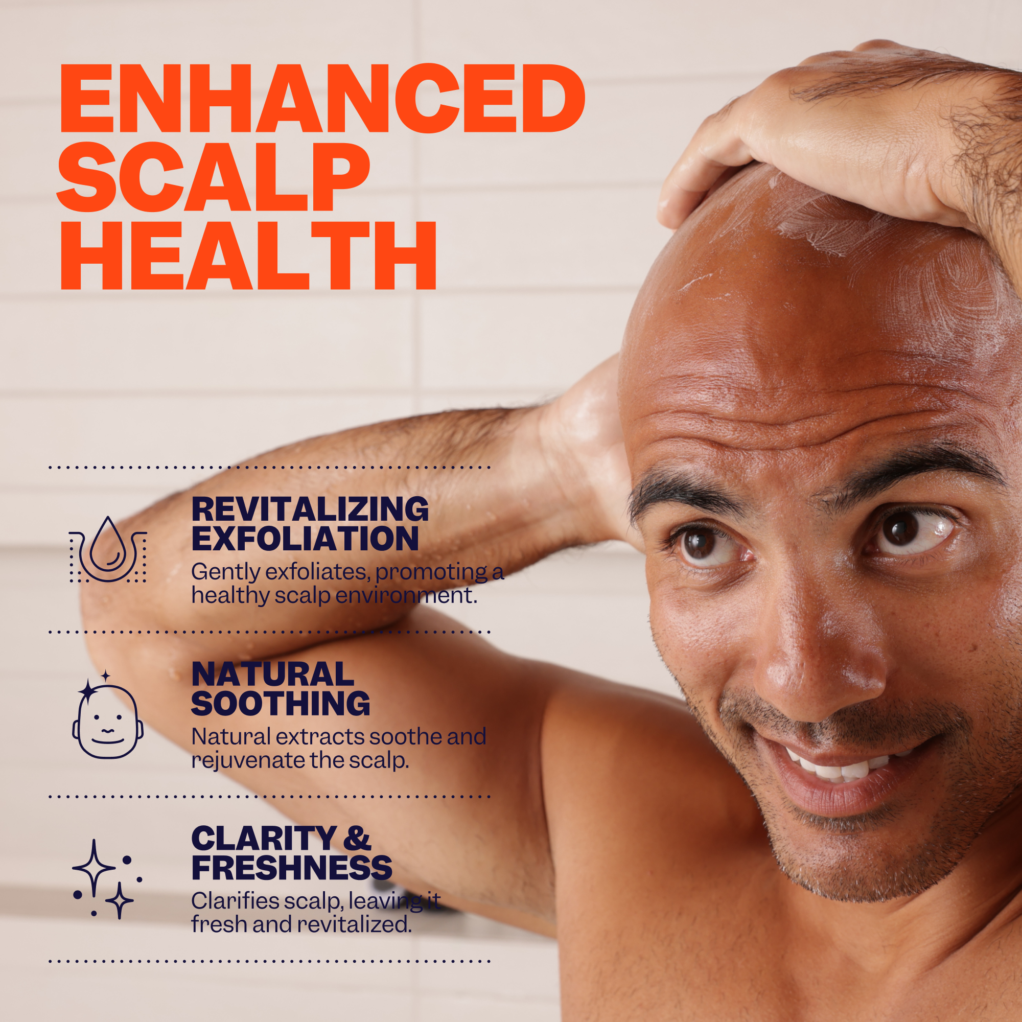 A man is seen massaging his bald head, highlighting the scalp health benefits of Freebird's Purifying Scalp Exfoliating Scrub: it exfoliates dead skin cells, offers soothing care for a baby-smooth scalp, delivers clarity, and provides refreshing relief from flaky patches.