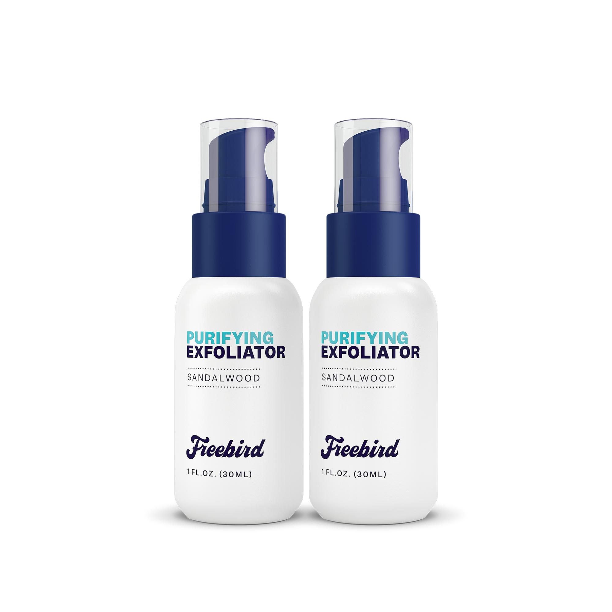 Two 1 oz. white bottles of Freebird Purifying Scalp Exfoliating Scrub, labeled Sandalwood, with blue caps target dead skin and flaky patches.