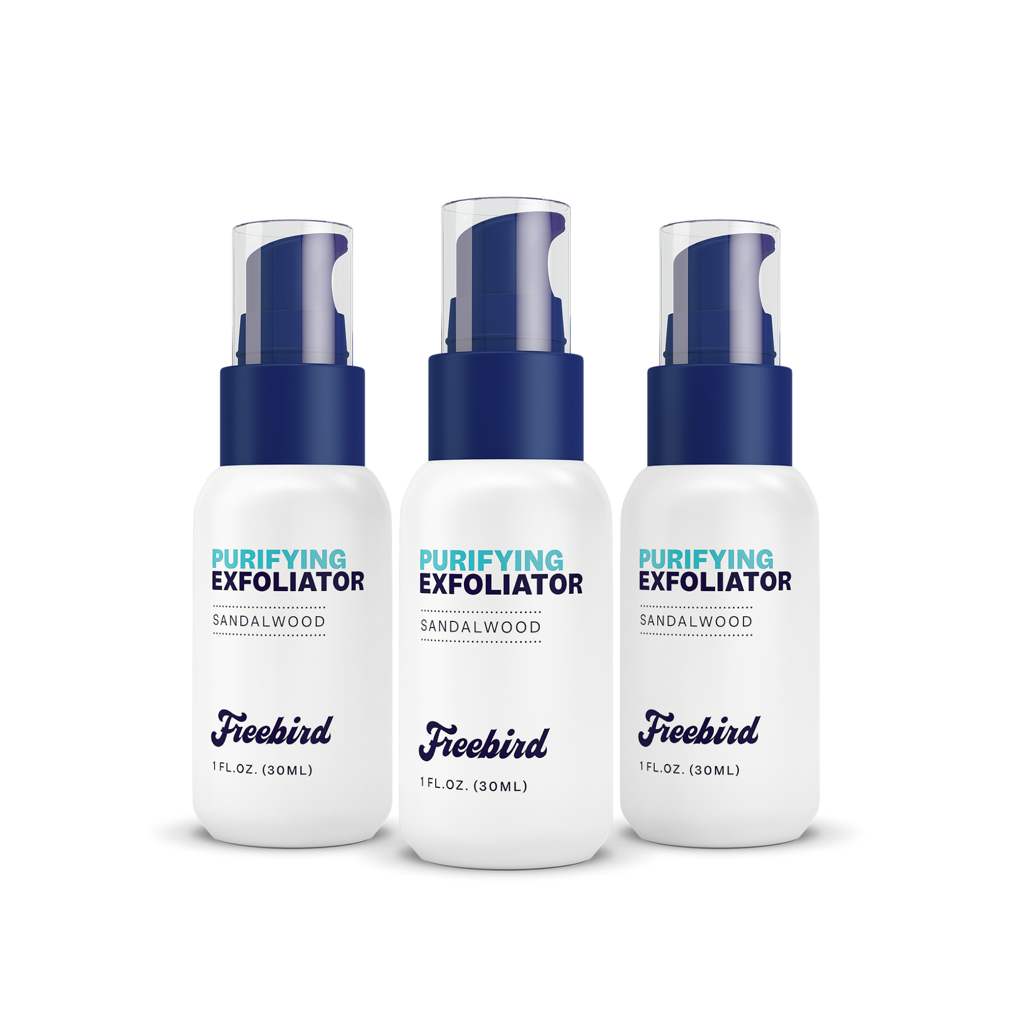 Three 1 fl. oz. bottles of Freebird Purifying Scalp Exfoliating Scrub, sandalwood scent, for removing dead skin cells and flaky patches, with blue caps.