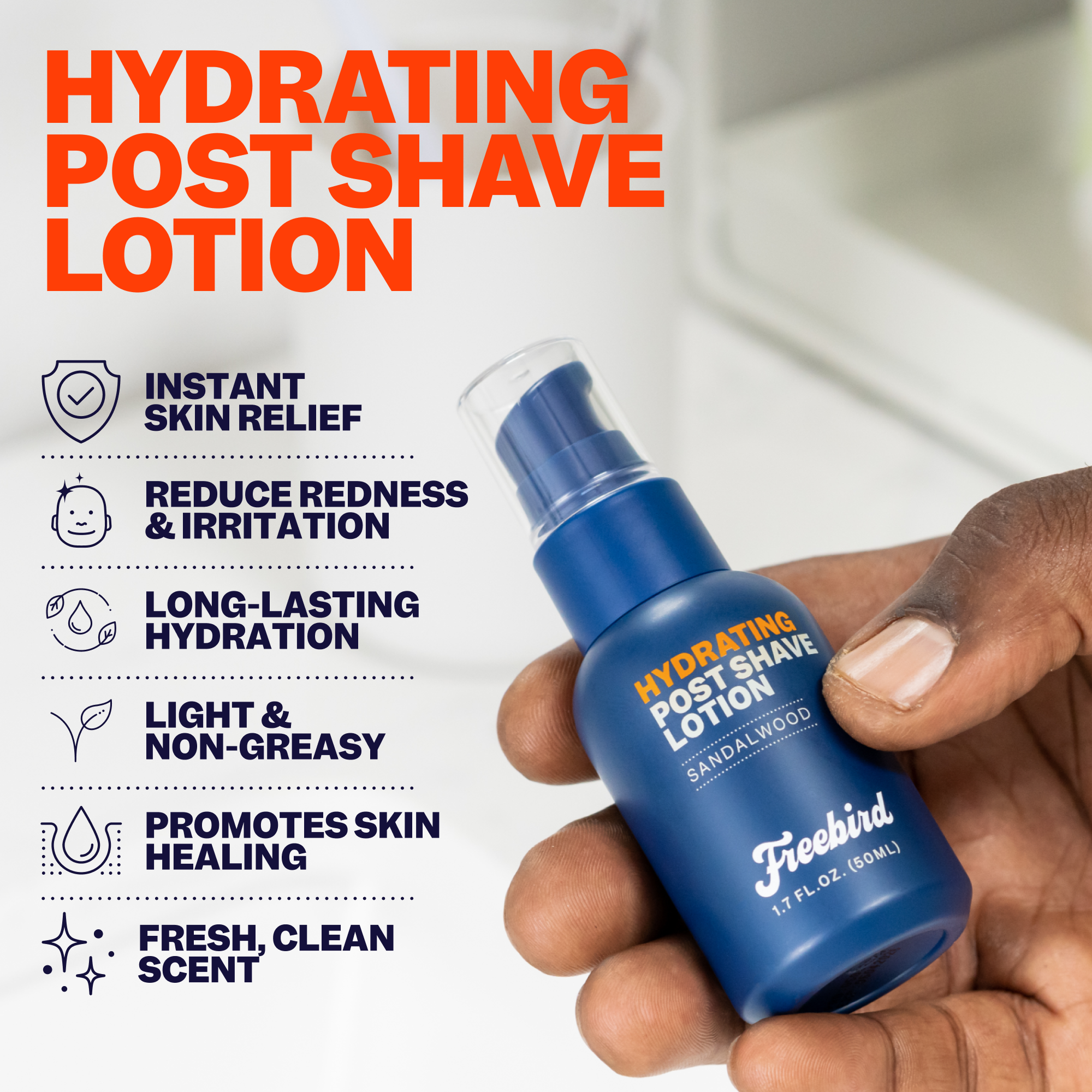 A hand gracefully holds a sleek blue bottle from the Freebird Shave Care Kit, promising enhanced comfort and unmatched smoothness with every application.