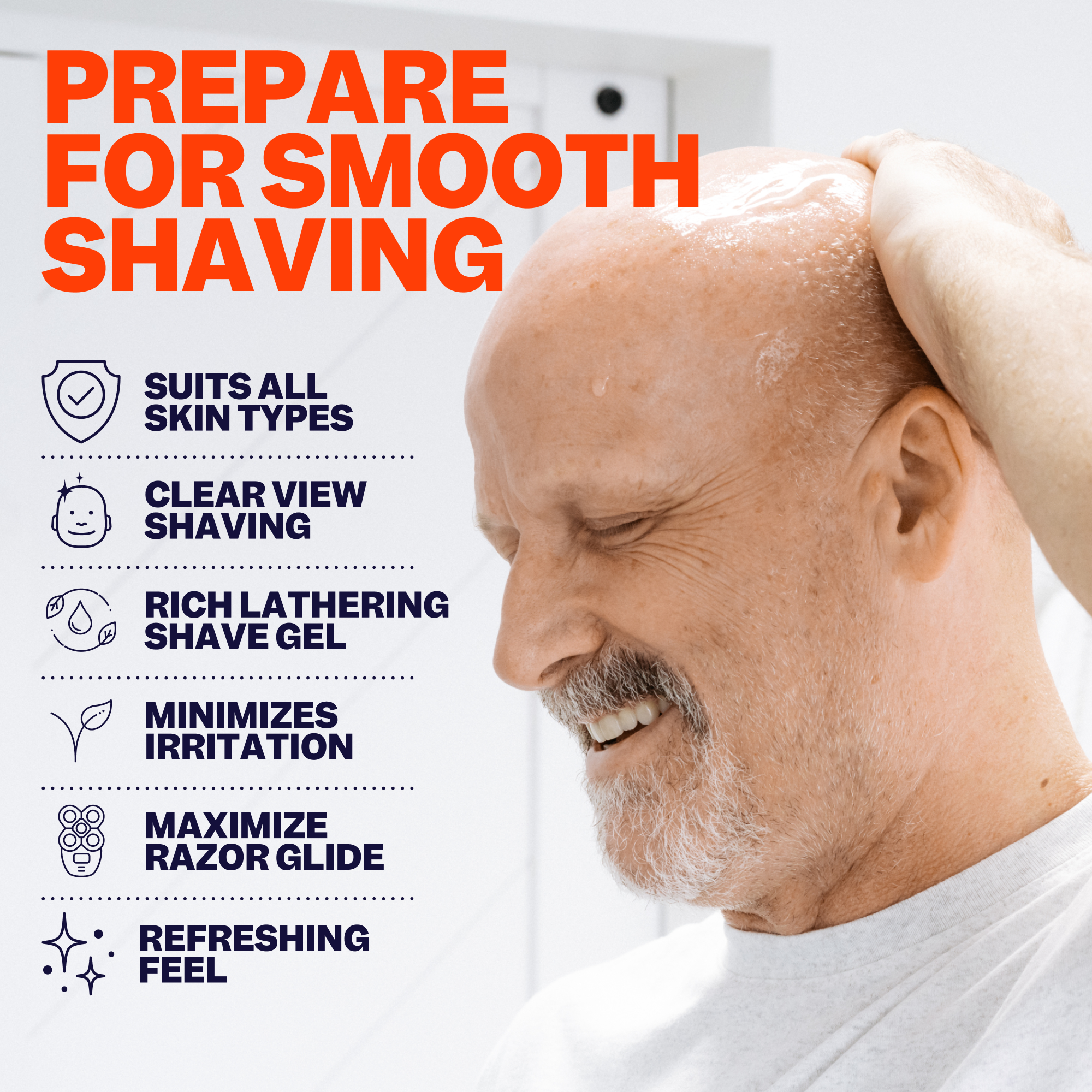 A bald man smiles as he prepares to shave his head, with text emphasizing the benefits of Freebird's Soothing Shave Gel, which promises an ultra-comfortable shaving experience.
