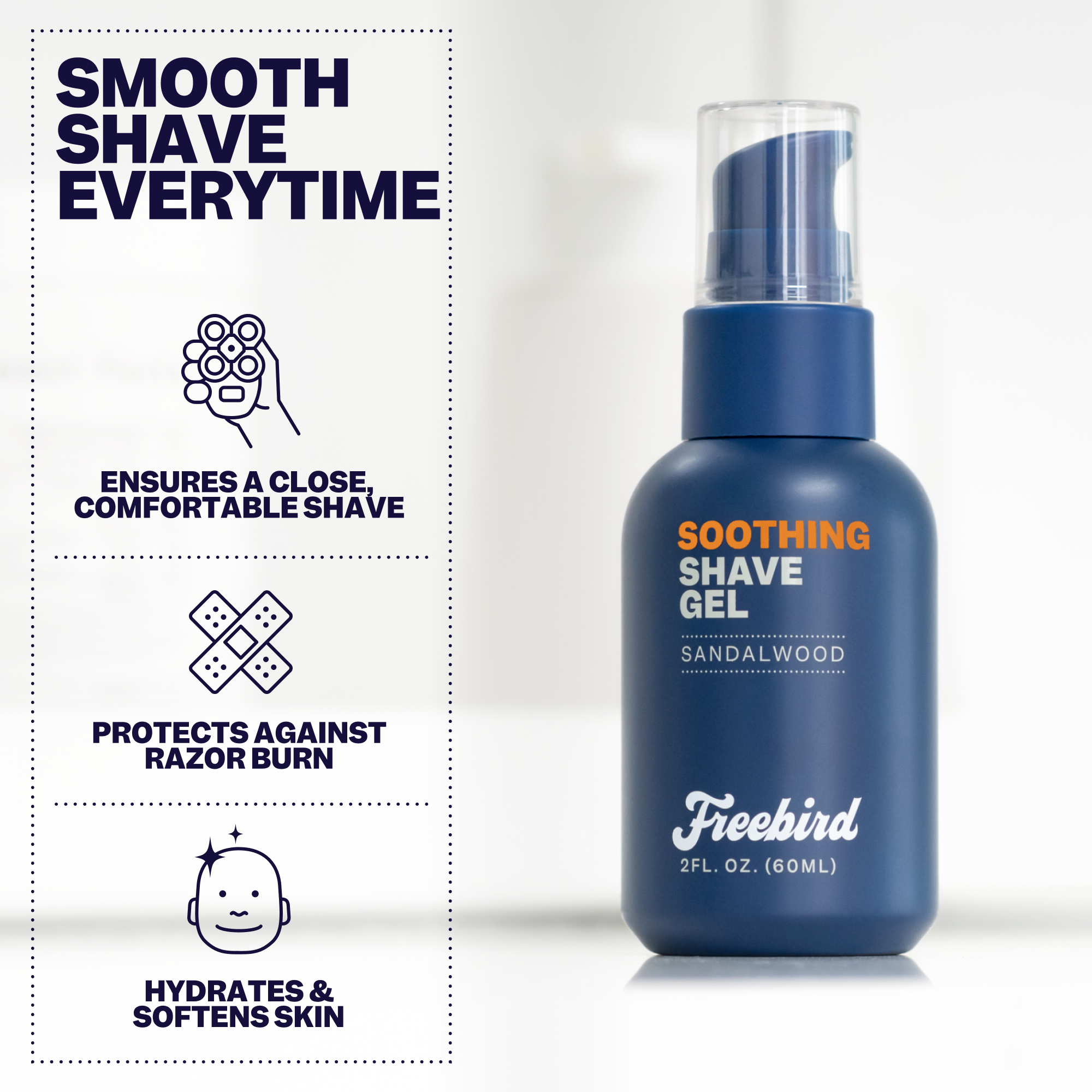 The Soothing Shave Gel by Freebird comes in a blue bottle and provides an ultra-comfortable shaving experience with its sandalwood scent, ensuring a flawless shave every time.