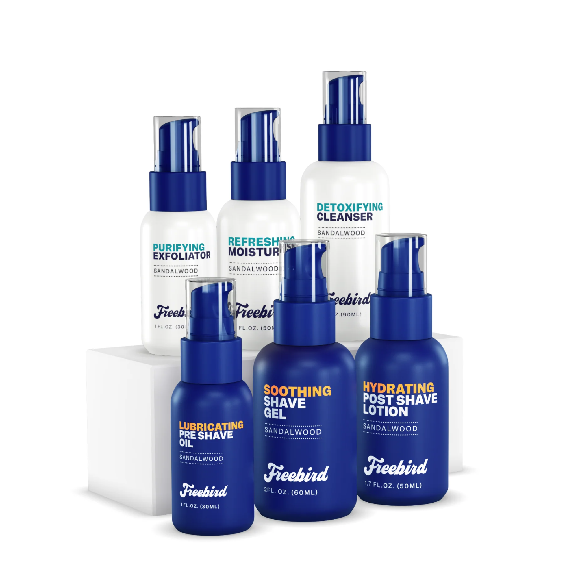 Introducing the Shave & Scalp Care Kit by Freebird, featuring a collection of headcare essentials such as cleansers, gels, and lotions in sleek white and blue bottles. Experience the smoothest scalp with our premium quality ingredients.