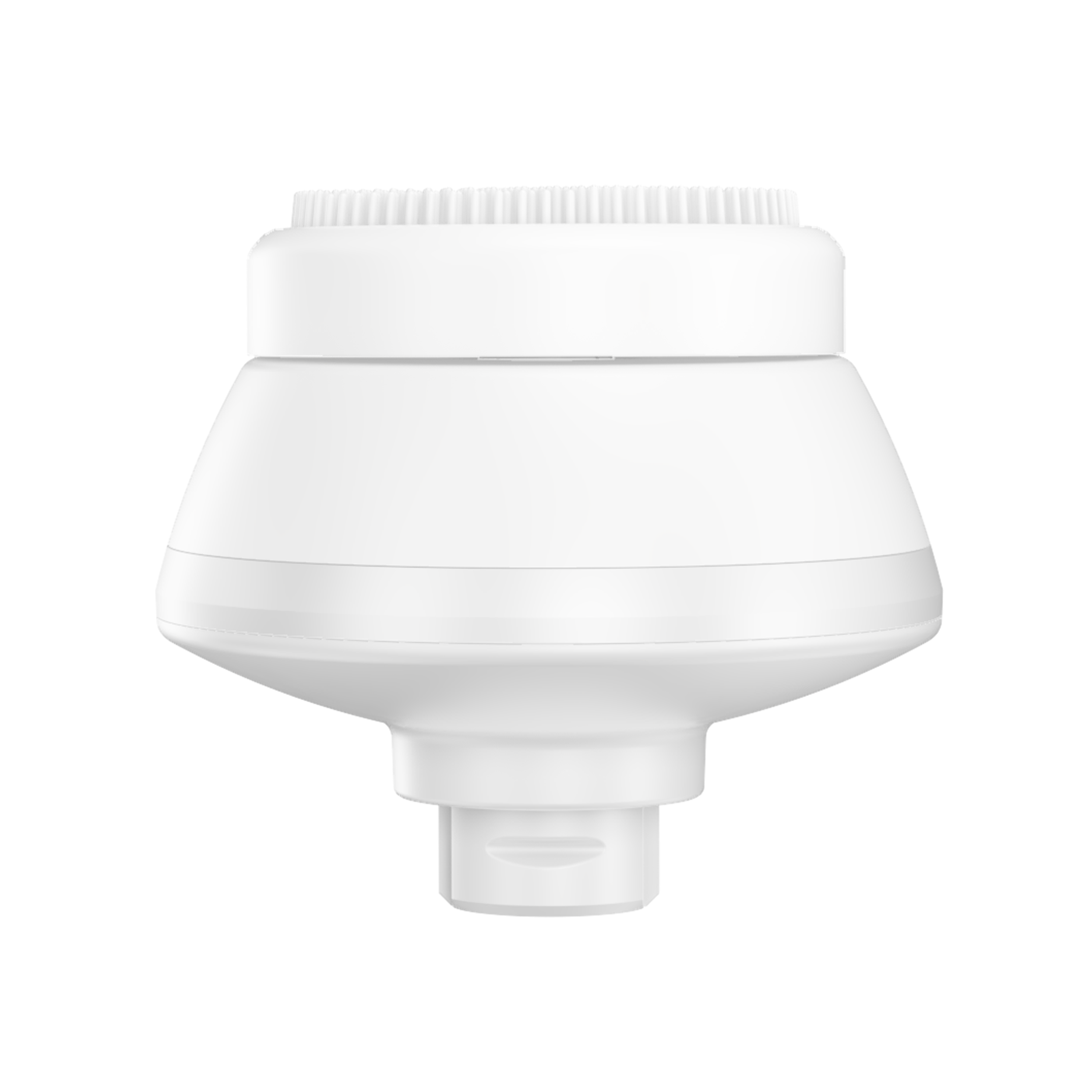 The Freebird Silicon Scrubber is a white, round tool with a ribbed top, perfect for scalp exfoliation, shown in side view.