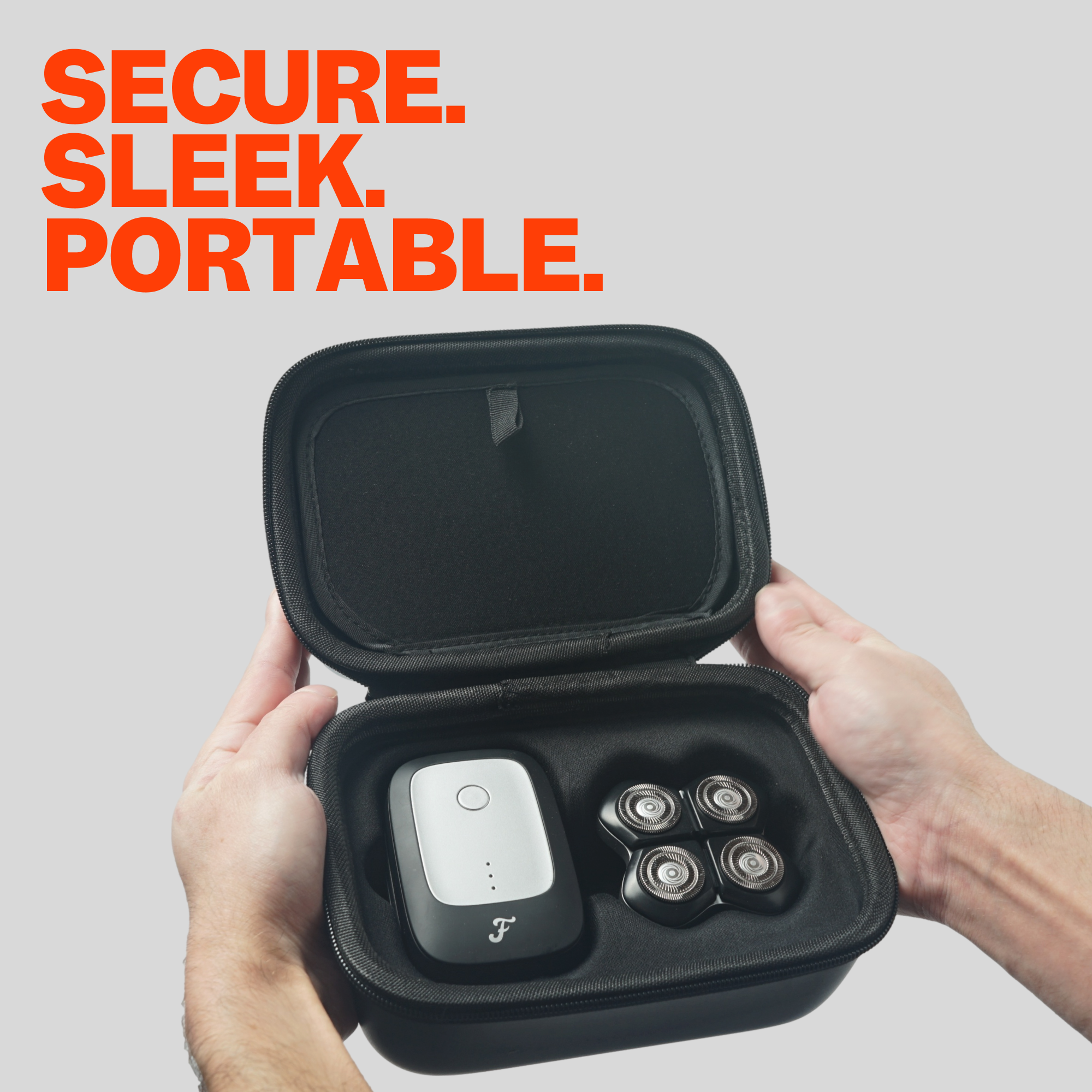 Hands holding the FlexSeries® Pro Travel Case, revealing a sleek wireless device and four metal gadgets inside. Text: Secure. Sleek. Portable.