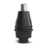 Black and silver cylindrical mechanical component on a black background.