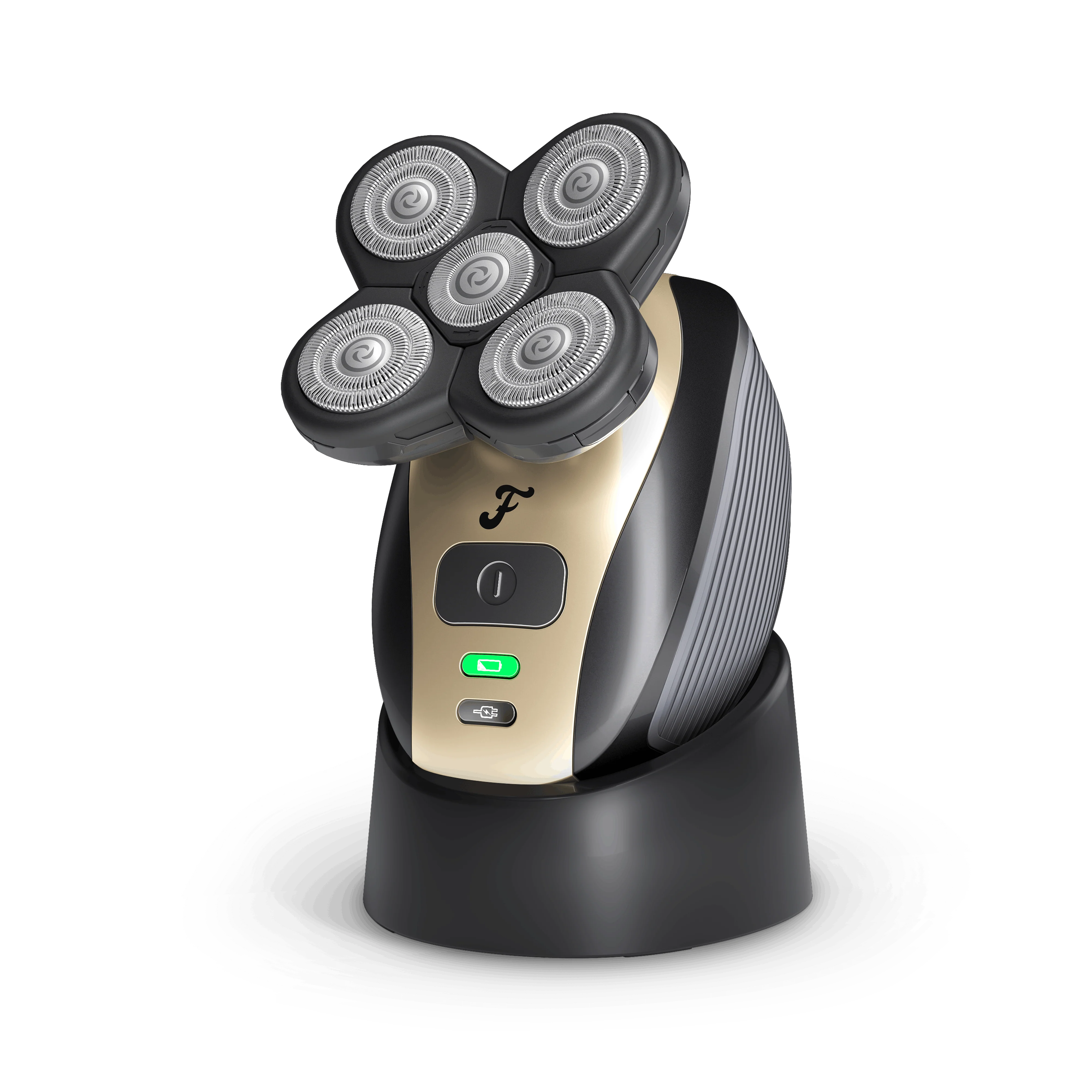 Electric rotary shaver with four circular blades on a black stand with a power button and indicator light.