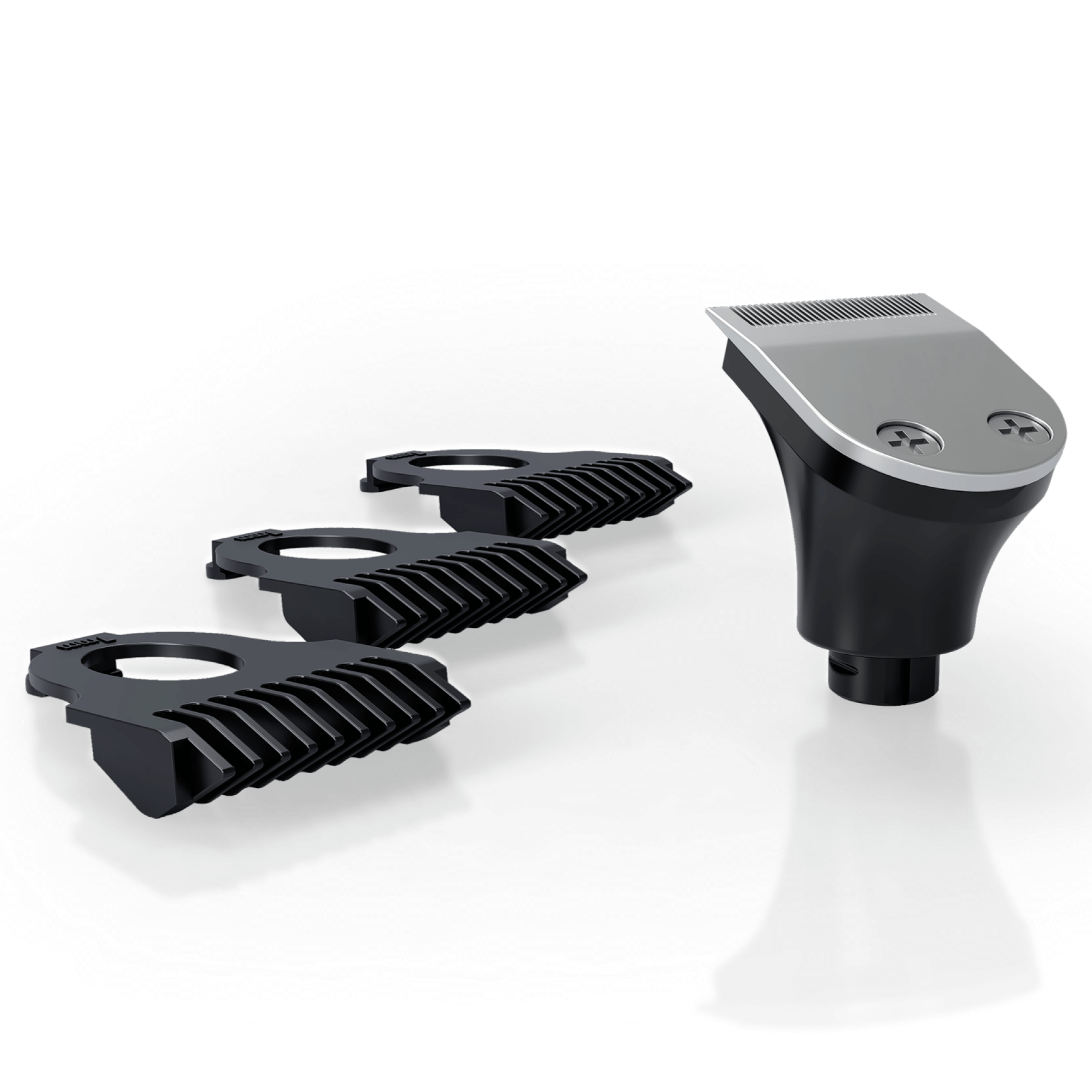 The Precision Clipper & Guards features three comb guides for closer cuts and is set against a sleek white background.